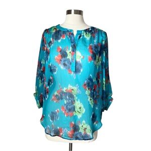 Vintage Fifteen Twenty 100% Silk Blouse Small Watercolor V Neck Top USA
